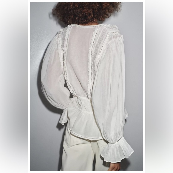 Zara ZW Romantic Ladder Stitch Blouse Oyster White M NWT - Picture 10 of 14